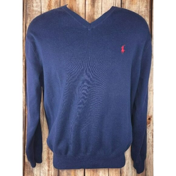 Polo Ralph Lauren Mens V-Neck Navy Sweater Large Pima Cotton - Picture 1 of 7